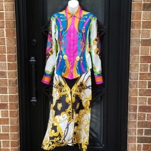 VERSACE Multicolor Mixed Baroque Print Silk Twill Button Front Top Blouse